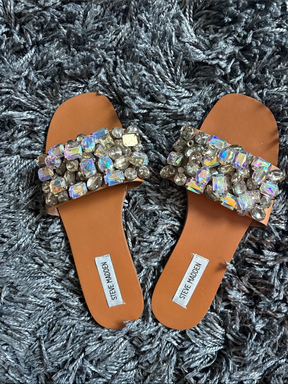Steve Madden Tan Slide Sandals with Iridescent Jewel Straps